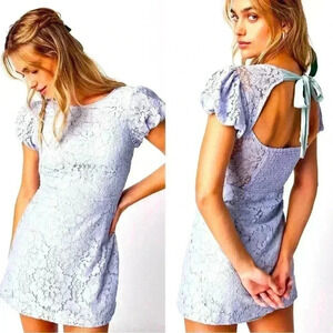Free People Mini Dress S Lace Tie Open Back Short Puff Sleeve Bow Cottagecore 4
